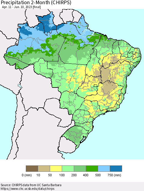 Brazil Precipitation 2-Month (CHIRPS) Thematic Map For 4/11/2023 - 6/10/2023