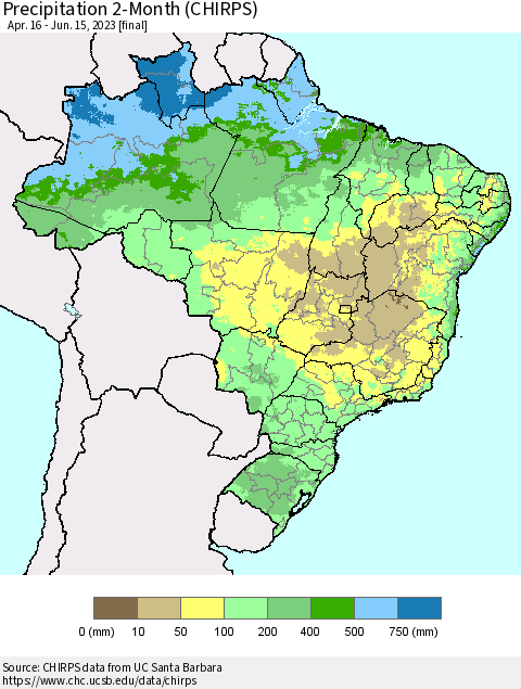 Brazil Precipitation 2-Month (CHIRPS) Thematic Map For 4/16/2023 - 6/15/2023