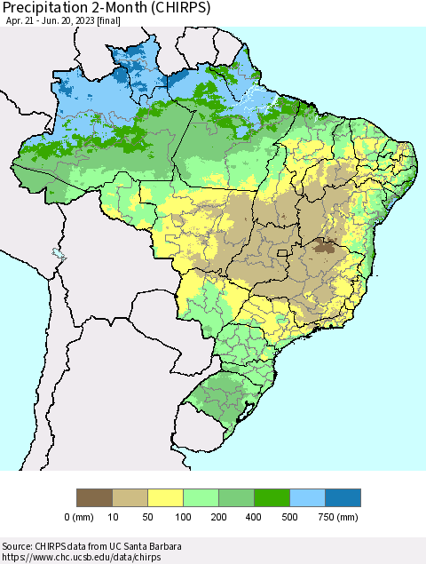 Brazil Precipitation 2-Month (CHIRPS) Thematic Map For 4/21/2023 - 6/20/2023