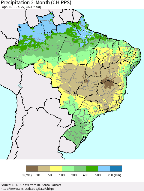Brazil Precipitation 2-Month (CHIRPS) Thematic Map For 4/26/2023 - 6/25/2023