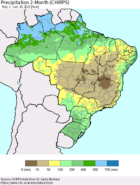 Brazil Precipitation 2-Month (CHIRPS) Thematic Map For 5/1/2023 - 6/30/2023