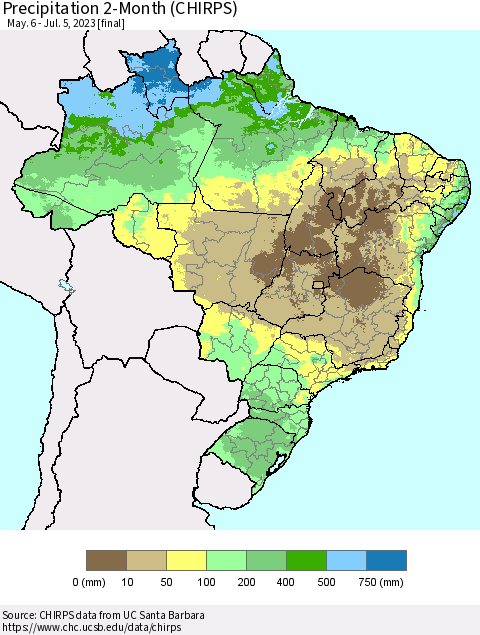 Brazil Precipitation 2-Month (CHIRPS) Thematic Map For 5/6/2023 - 7/5/2023