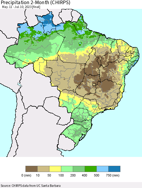 Brazil Precipitation 2-Month (CHIRPS) Thematic Map For 5/11/2023 - 7/10/2023