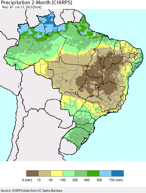 Brazil Precipitation 2-Month (CHIRPS) Thematic Map For 5/16/2023 - 7/15/2023