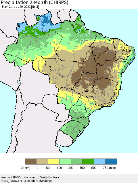 Brazil Precipitation 2-Month (CHIRPS) Thematic Map For 5/21/2023 - 7/20/2023