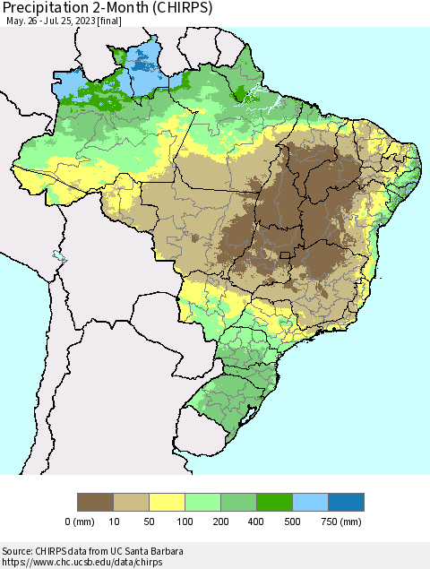 Brazil Precipitation 2-Month (CHIRPS) Thematic Map For 5/26/2023 - 7/25/2023