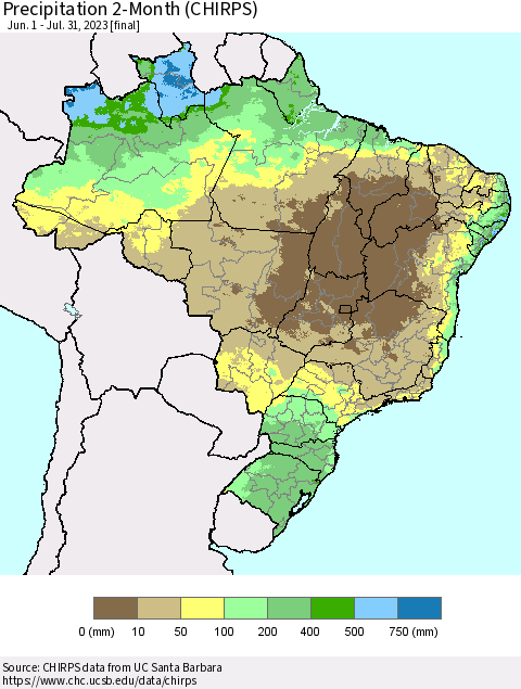 Brazil Precipitation 2-Month (CHIRPS) Thematic Map For 6/1/2023 - 7/31/2023