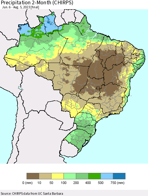 Brazil Precipitation 2-Month (CHIRPS) Thematic Map For 6/6/2023 - 8/5/2023
