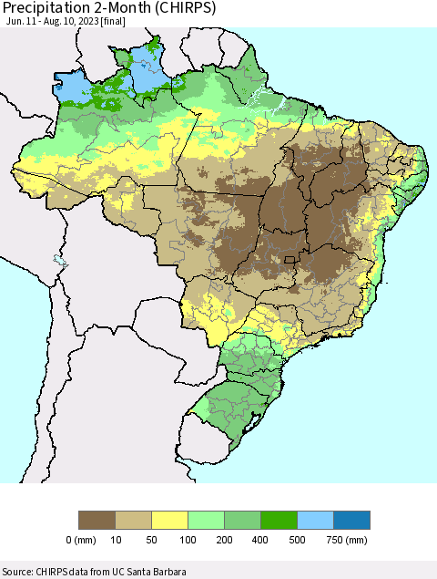 Brazil Precipitation 2-Month (CHIRPS) Thematic Map For 6/11/2023 - 8/10/2023
