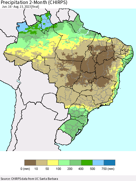 Brazil Precipitation 2-Month (CHIRPS) Thematic Map For 6/16/2023 - 8/15/2023