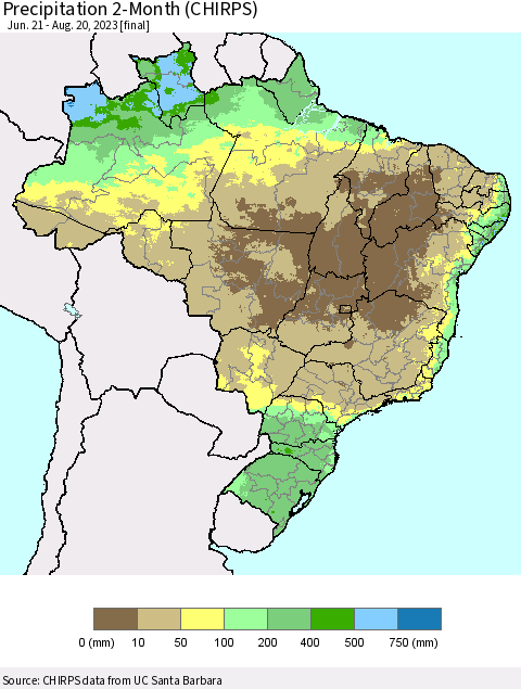 Brazil Precipitation 2-Month (CHIRPS) Thematic Map For 6/21/2023 - 8/20/2023