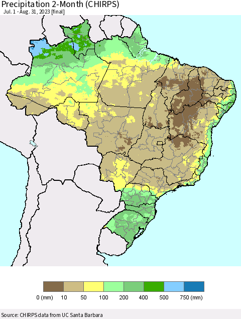 Brazil Precipitation 2-Month (CHIRPS) Thematic Map For 7/1/2023 - 8/31/2023