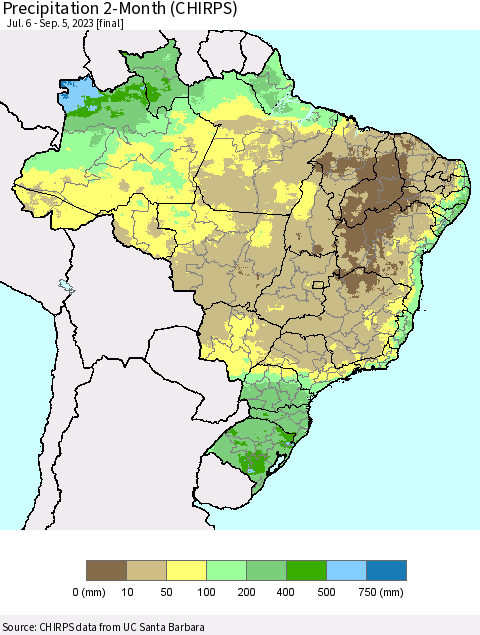 Brazil Precipitation 2-Month (CHIRPS) Thematic Map For 7/6/2023 - 9/5/2023