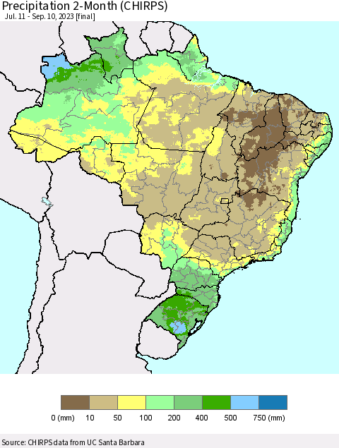 Brazil Precipitation 2-Month (CHIRPS) Thematic Map For 7/11/2023 - 9/10/2023