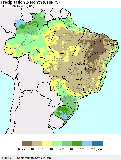 Brazil Precipitation 2-Month (CHIRPS) Thematic Map For 7/16/2023 - 9/15/2023