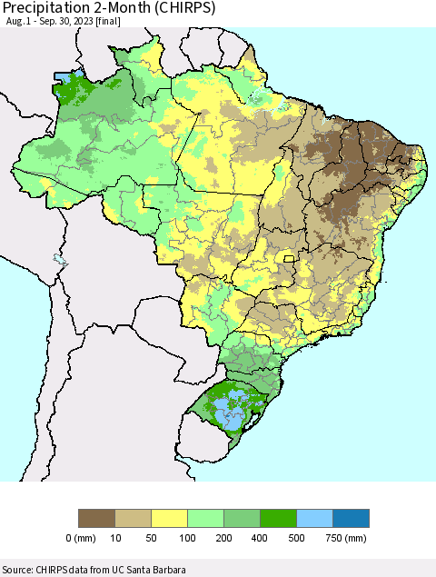 Brazil Precipitation 2-Month (CHIRPS) Thematic Map For 8/1/2023 - 9/30/2023