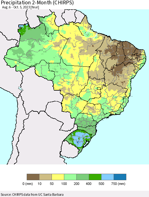 Brazil Precipitation 2-Month (CHIRPS) Thematic Map For 8/6/2023 - 10/5/2023