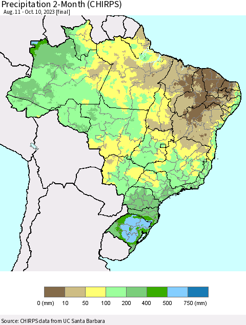 Brazil Precipitation 2-Month (CHIRPS) Thematic Map For 8/11/2023 - 10/10/2023