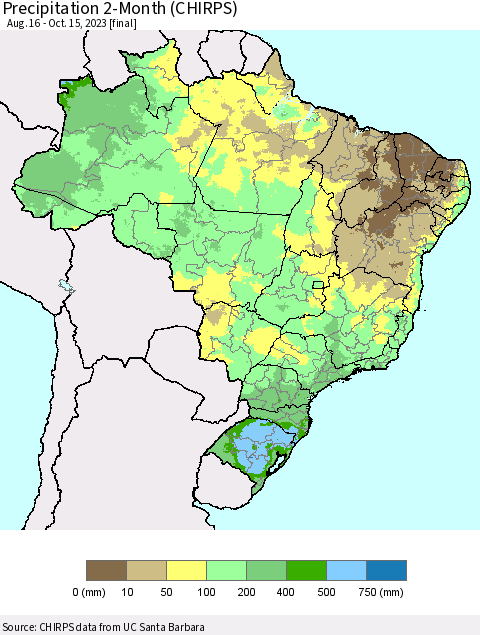 Brazil Precipitation 2-Month (CHIRPS) Thematic Map For 8/16/2023 - 10/15/2023