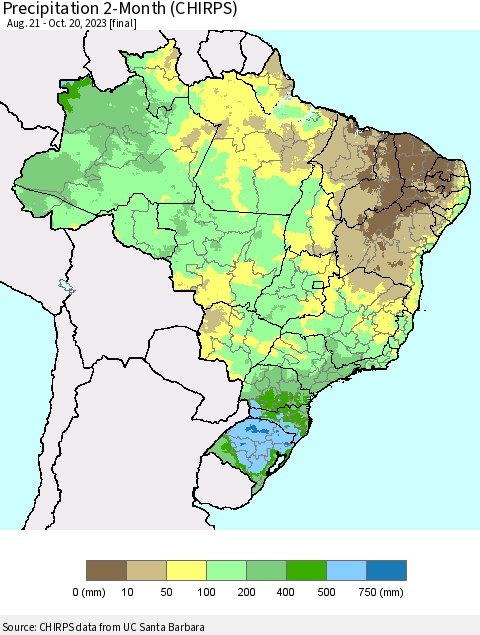 Brazil Precipitation 2-Month (CHIRPS) Thematic Map For 8/21/2023 - 10/20/2023