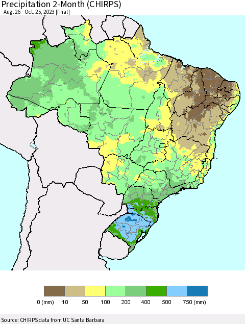 Brazil Precipitation 2-Month (CHIRPS) Thematic Map For 8/26/2023 - 10/25/2023
