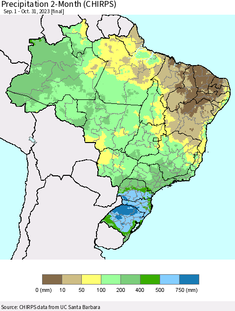 Brazil Precipitation 2-Month (CHIRPS) Thematic Map For 9/1/2023 - 10/31/2023