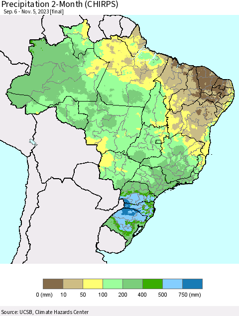 Brazil Precipitation 2-Month (CHIRPS) Thematic Map For 9/6/2023 - 11/5/2023