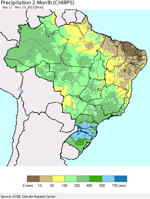Brazil Precipitation 2-Month (CHIRPS) Thematic Map For 9/11/2023 - 11/10/2023