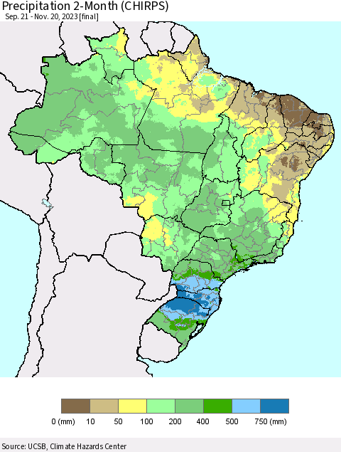 Brazil Precipitation 2-Month (CHIRPS) Thematic Map For 9/21/2023 - 11/20/2023