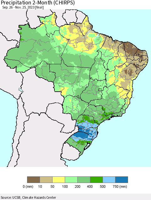 Brazil Precipitation 2-Month (CHIRPS) Thematic Map For 9/26/2023 - 11/25/2023