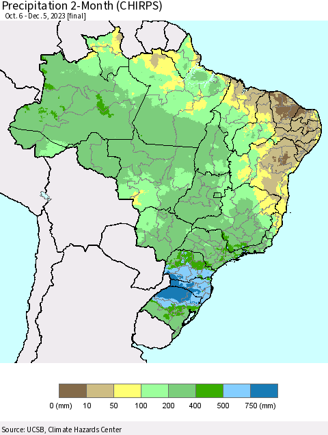 Brazil Precipitation 2-Month (CHIRPS) Thematic Map For 10/6/2023 - 12/5/2023