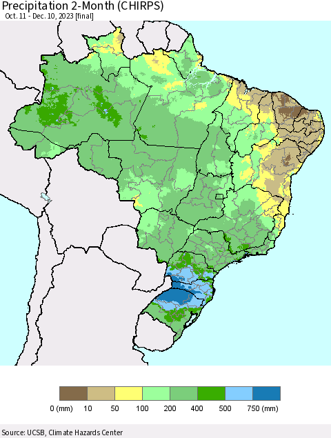 Brazil Precipitation 2-Month (CHIRPS) Thematic Map For 10/11/2023 - 12/10/2023