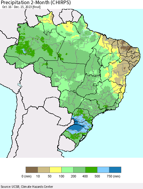 Brazil Precipitation 2-Month (CHIRPS) Thematic Map For 10/16/2023 - 12/15/2023