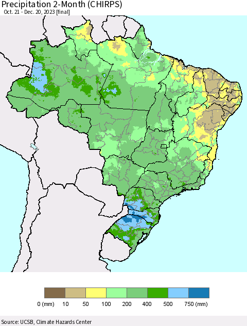 Brazil Precipitation 2-Month (CHIRPS) Thematic Map For 10/21/2023 - 12/20/2023