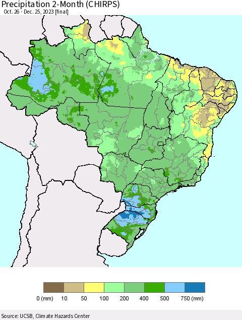 Brazil Precipitation 2-Month (CHIRPS) Thematic Map For 10/26/2023 - 12/25/2023