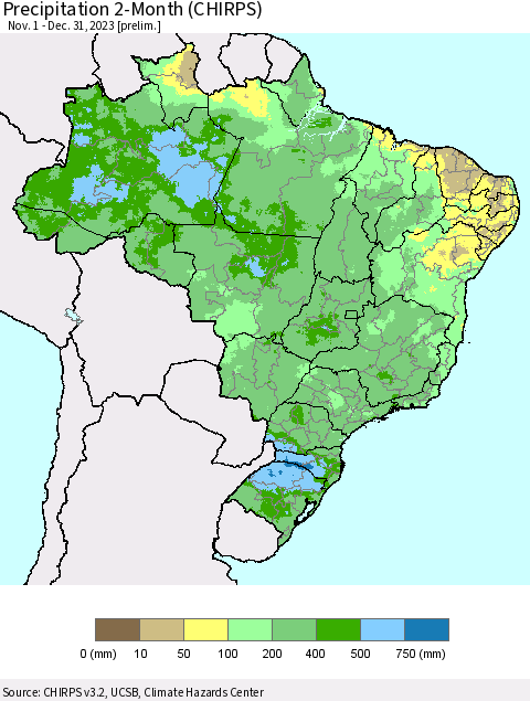 Brazil Precipitation 2-Month (CHIRPS) Thematic Map For 11/1/2023 - 12/31/2023