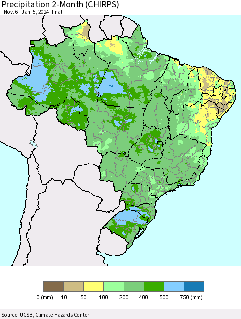 Brazil Precipitation 2-Month (CHIRPS) Thematic Map For 11/6/2023 - 1/5/2024