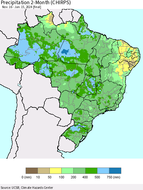 Brazil Precipitation 2-Month (CHIRPS) Thematic Map For 11/16/2023 - 1/15/2024