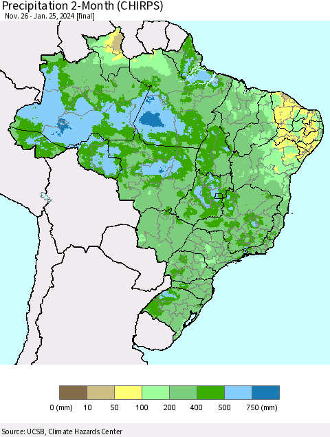Brazil Precipitation 2-Month (CHIRPS) Thematic Map For 11/26/2023 - 1/25/2024