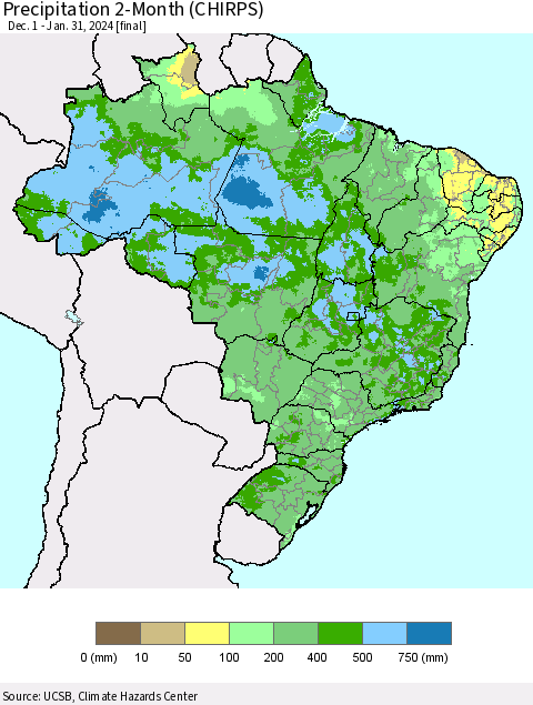 Brazil Precipitation 2-Month (CHIRPS) Thematic Map For 12/1/2023 - 1/31/2024