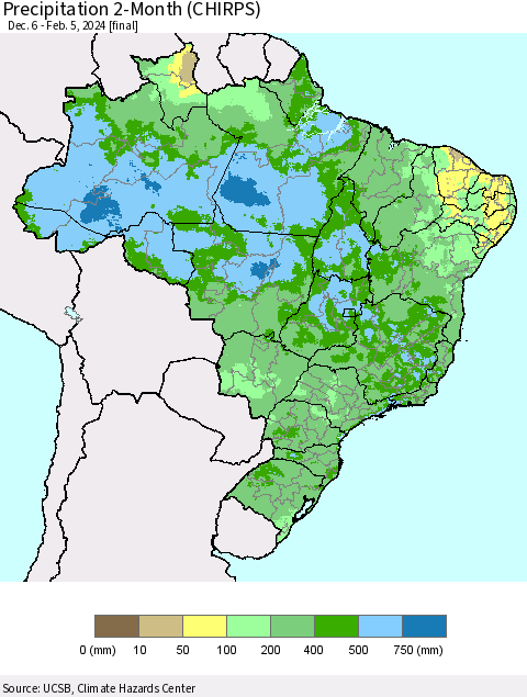 Brazil Precipitation 2-Month (CHIRPS) Thematic Map For 12/6/2023 - 2/5/2024