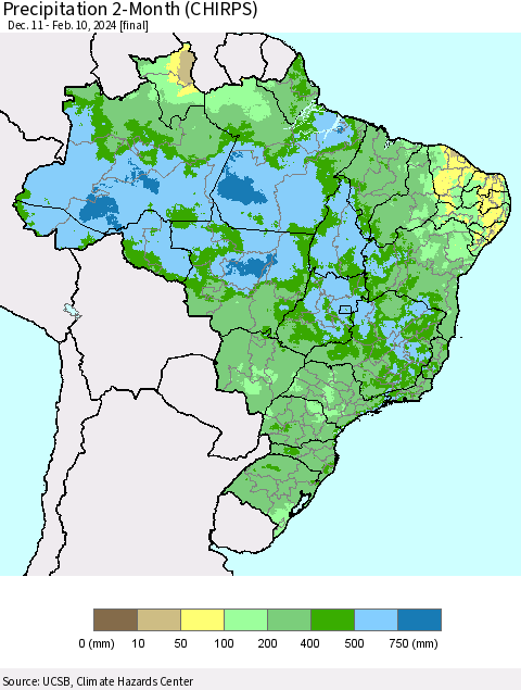 Brazil Precipitation 2-Month (CHIRPS) Thematic Map For 12/11/2023 - 2/10/2024