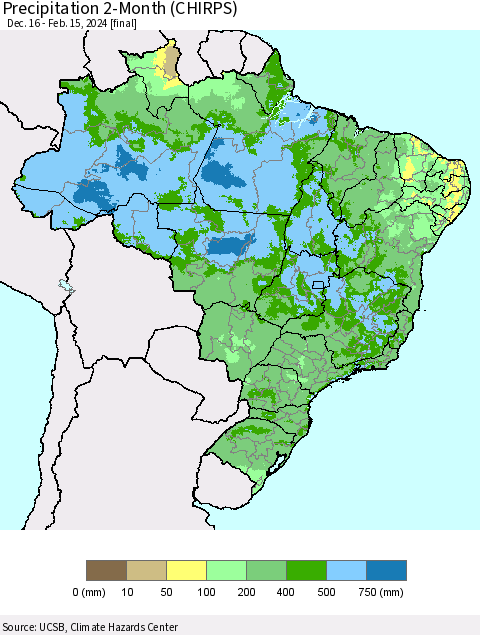 Brazil Precipitation 2-Month (CHIRPS) Thematic Map For 12/16/2023 - 2/15/2024