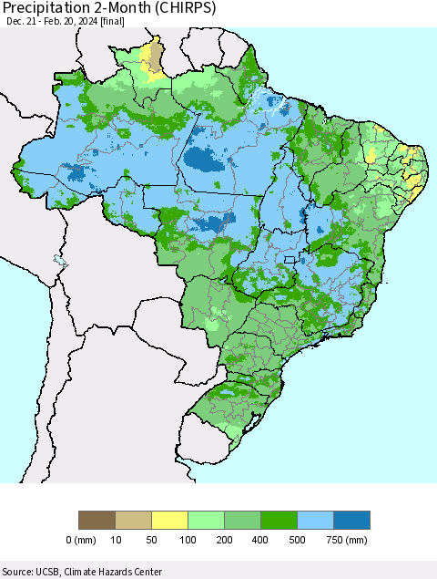 Brazil Precipitation 2-Month (CHIRPS) Thematic Map For 12/21/2023 - 2/20/2024