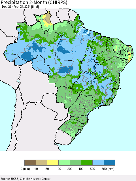 Brazil Precipitation 2-Month (CHIRPS) Thematic Map For 12/26/2023 - 2/25/2024
