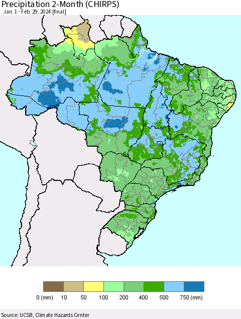 Brazil Precipitation 2-Month (CHIRPS) Thematic Map For 1/1/2024 - 2/29/2024