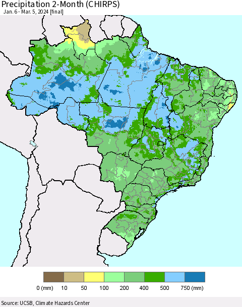 Brazil Precipitation 2-Month (CHIRPS) Thematic Map For 1/6/2024 - 3/5/2024