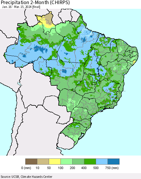 Brazil Precipitation 2-Month (CHIRPS) Thematic Map For 1/16/2024 - 3/15/2024
