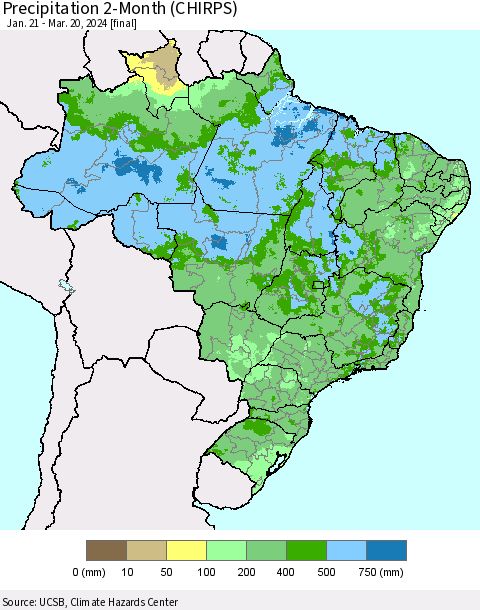 Brazil Precipitation 2-Month (CHIRPS) Thematic Map For 1/21/2024 - 3/20/2024
