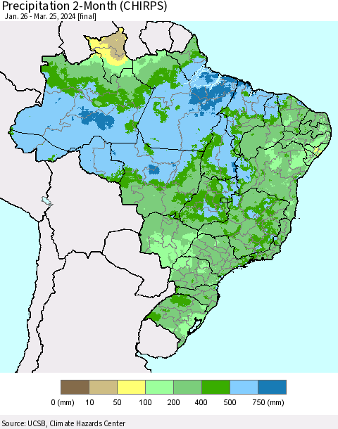 Brazil Precipitation 2-Month (CHIRPS) Thematic Map For 1/26/2024 - 3/25/2024